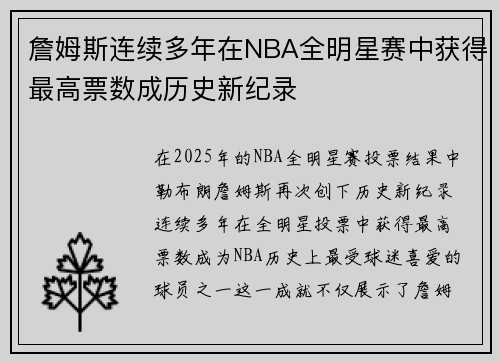 詹姆斯连续多年在NBA全明星赛中获得最高票数成历史新纪录