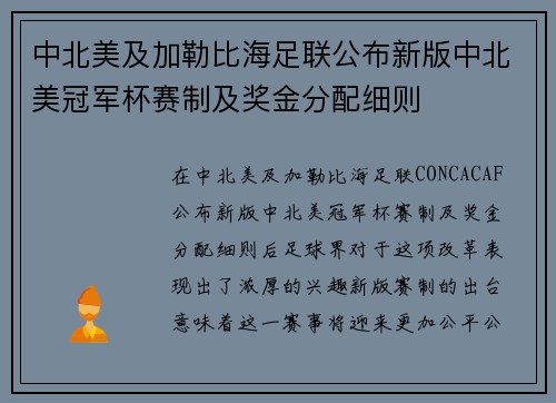 中北美及加勒比海足联公布新版中北美冠军杯赛制及奖金分配细则 中北美及加勒比海足联公布新版中北美冠军杯赛制及奖金分配细则