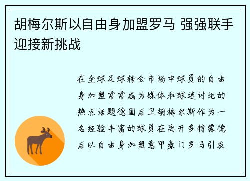 胡梅尔斯以自由身加盟罗马 强强联手迎接新挑战